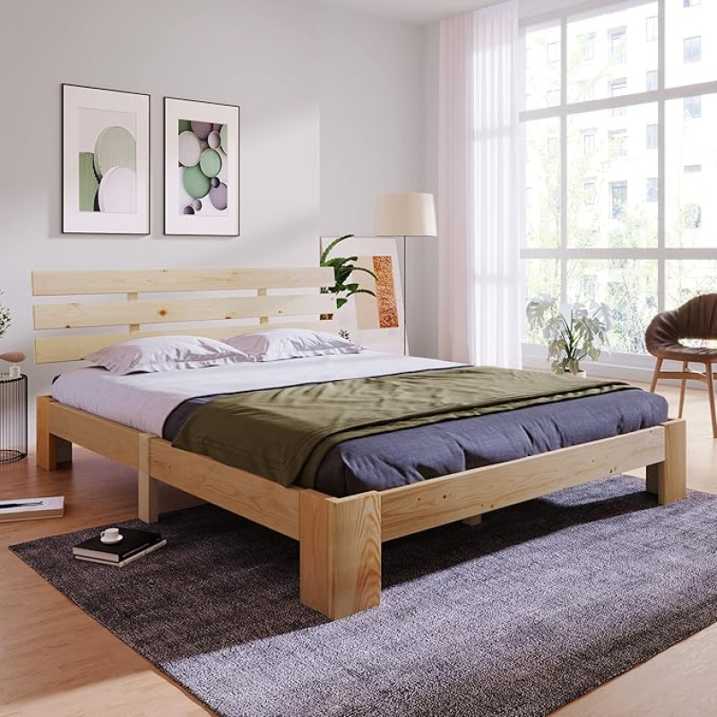 Merax Solid Wood Bed Wooden Bed Double Bed Frame with Headboard and Slatted Base 140 x 200 cm Wooden Slat Support Under Bed Storage Bedroom Furniture Oak
