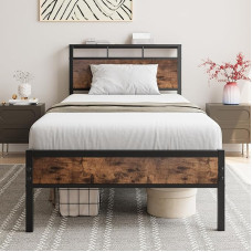 FOUBAM Bed 90 x 200, Metal Bed Frame with Wooden Headboard Shelves, Metal Bed Frame with Slatted Frame, Single Bed Frame, Guest Bed, Youth Bed for Bedroom, Guest Room, Black and Brown