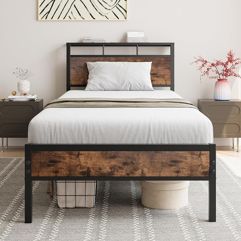 FOUBAM Bed 90 x 200, Metal Bed Frame with Wooden Headboard Shelves, Metal Bed Frame with Slatted Frame, Single Bed Frame, Guest Bed, Youth Bed for Bedroom, Guest Room, Black and Brown