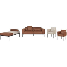 Malmos Sofa Set Faux Leather / Linen Look Beige / Brown with Armchairs Chaise Longue