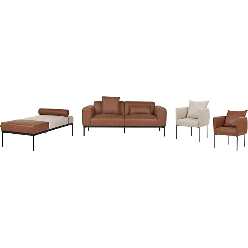 Malmos Sofa Set Faux Leather / Linen Look Beige / Brown with Armchairs Chaise Longue
