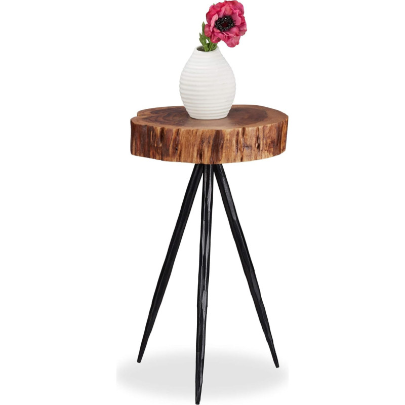 Relaxdays Side Table, Solid Wood Tree Disc, Metal Legs, Rustic Design Storage Table, Mango Wood, 50 cm High, Natural