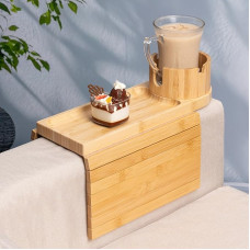 TOMLYOP Bambus-Couch-Becherhalter, Sofa-Tisch, passend für die meisten Sofas, 3-in-1-Tablett für Couch, für Getränke, Telefon, Fernbedienung und Snacks, Couch-Armlehnentisch mit 360°