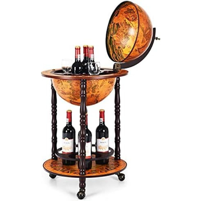 COSTWAY Globe Bar World Globe, Globe Bar on Wheels, Bar Cart Retro, Serving Trolley Wood, Wine Stand, 2 Levels Home Bar, Wine Rack for Wine, Spirits, Drinks, Brown