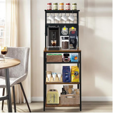 DecorDudz 5 Tier Coffee Bar Station, Coffee Stand with 4 S Shaped Hooks, Baker's Rack with Storage, Farmhouse Corner Microwave Stand with Fridge Magnets