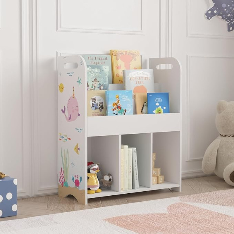 [en.casa] Røyrvik Children's Bookcase with 6 Open Compartments Toy Shelf 75 x 62 x 29 cm Toy Storage Ocean Motif