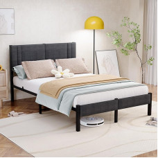 HAHRIR 4ft x 7ft Metal Bed Frame Upholstered Platform Bed Frame with Headboard and Slatted Base, No Spring Noise, Grey