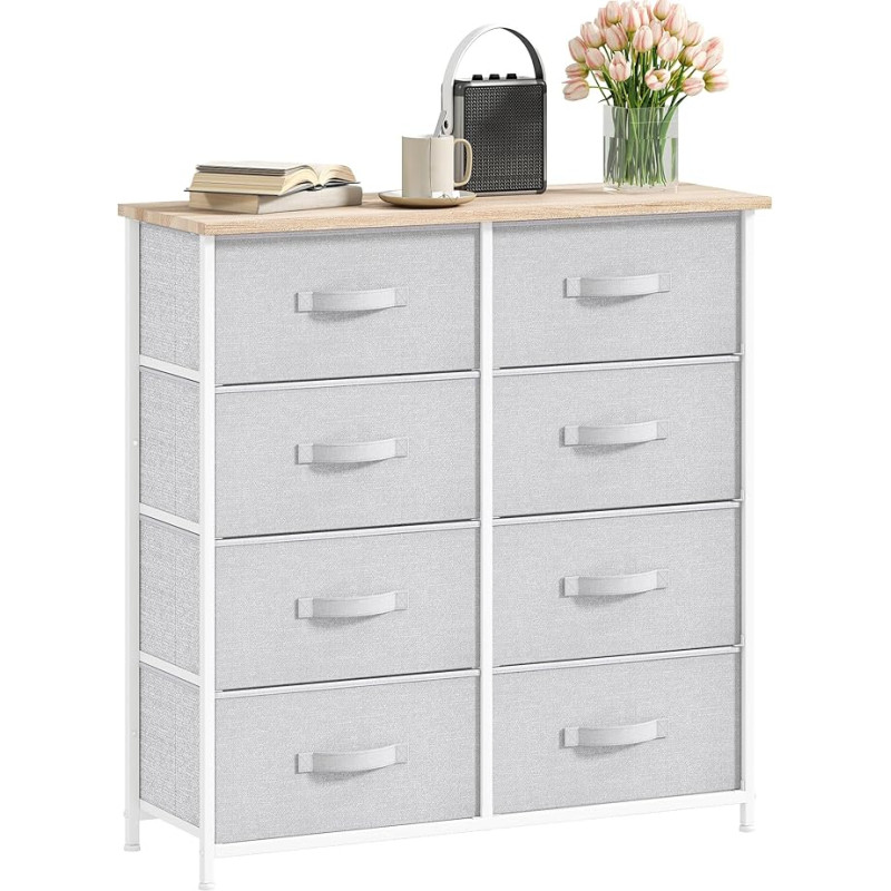 DWVO Chest of Drawers with 8 Drawers, Fabric Cabinet with Handles, Metal Frame & MDF Wooden Top, Durable, for Bedroom & Living Room, Light Grey