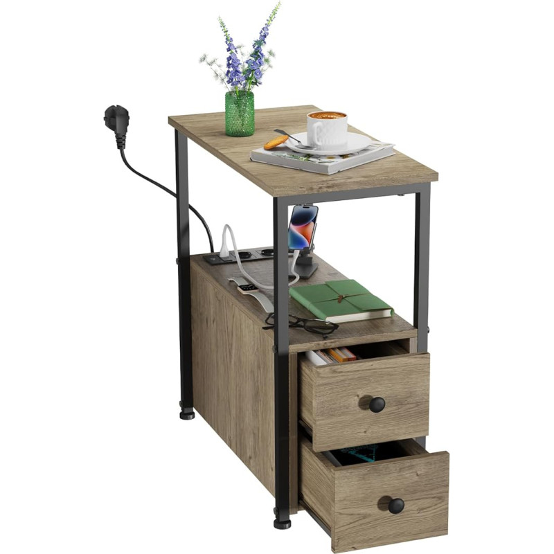 Rcynview Side Table, Bedside Table with Socket, Narrow, USB Ports, 60 x 30 x 61 cm, Minimalist Wooden Bedside Table with Storage for Living Room, Bedroom, Grey Wooden Headboard