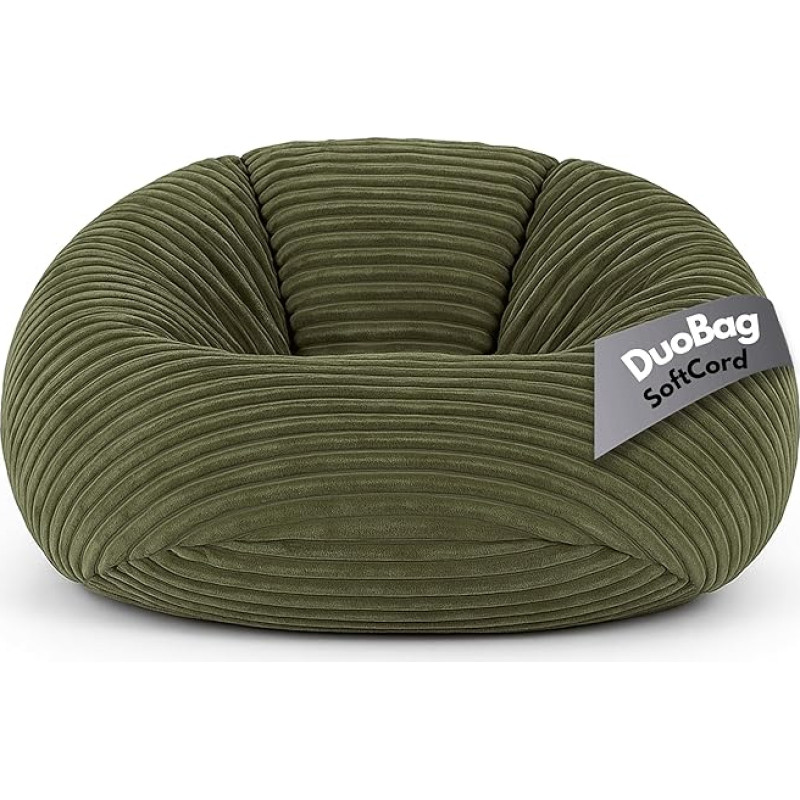 PatchHome Deluxe 2-in-1 Cord Bean Bag Armchair Bean Bag - Gaming Bean Bags for Adults and Children with Zip - Already Filled - Ideal for Sitting and Lying (Olive Green, Diameter 145 cm)