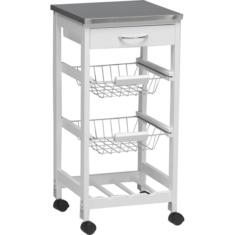 Kit Closet 7040028012 Stainless-Steel Kitchen Trolley with Baskets and a Wooden Wine Rack