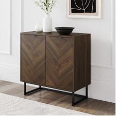 Nathan James Enloe Modern Sideboard, Buffet Storage Cabinet, Accent Cabinet with Doors in Rustic Walnut Finish and Black Matte Metal Base for Hallway, Entryway, Kitchen or