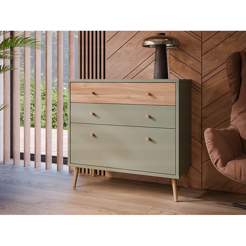 Forte Harllson Easy Assembly EasyKlix Chest of Drawers with 3 Drawers, Sage with Wood Decor: Mauvella Oak, Scandinavian Modern Style, Sideboard 90 cm Wide x 86 cm High x 41 cm Deep
