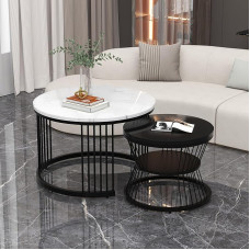 Merax Round Coffee Table, Set of 2, Modern Side Table with High Gloss Marbled for Living Room, Set of 2, Reception Room, Balcony, and Office, Metal Frame, Black & White