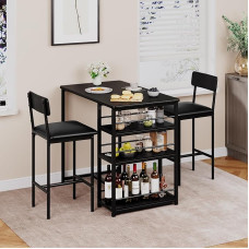 Litake Bar Table with Bar Stool Set, Bar Table with 2 Bar Stools and 3 Side Shelves, 3-Piece Dining Table Set, Kitchen Table, Seating Set, Industrial for Dining Room, Kitchen, Living Room, Black