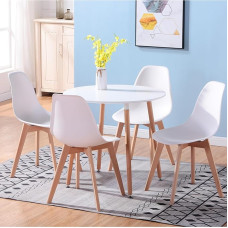 GrandCA HOME Dining Table and 4 Dining Chairs Modern Dining Set White Round Tables and Kitchen Chairs with Beech Wood Legs