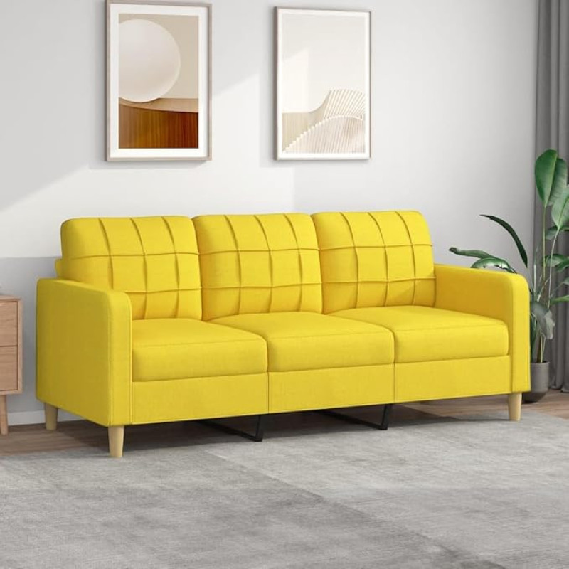Festnight 3-Seater Sofa, Fabric Small Couch, Modern 3-Seater Guest Sofa with Armrest, Tufted Loveseat Sofas for Living Room, Bedroom, Office, Apartment, 180 cm, Light Yellow