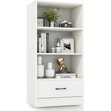 KOMFOTTEU 4 Tier Bookcase, Wooden Bookcase with 1 Drawer, Shelf for Office, Living Room, Kitchen, 60 x 38 x 120 cm, White (White)