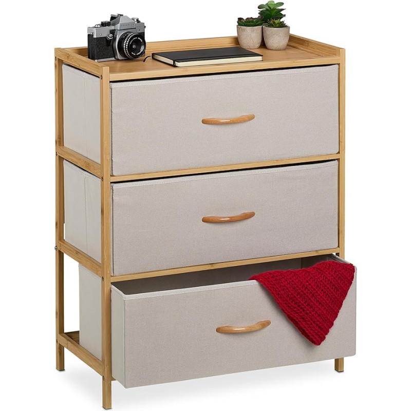 Relaxdays Chest of Drawers Bamboo 3 Fabric Drawers Hallway Bedroom HBT 73 x 57.5 x 30 cm Drawer Cabinet Natural/Beige