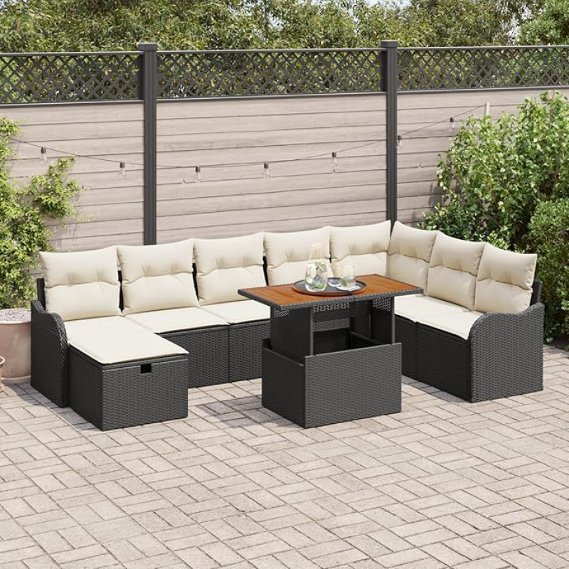 Rantry 9-teiliges Garten Sofa Set mit Kissen Schwarz Poly Rattan, 2-Sitzer Garten Sofa mit Stauraum & Kissen Schwarz Poly Rattan Gartenlounge Model3361285