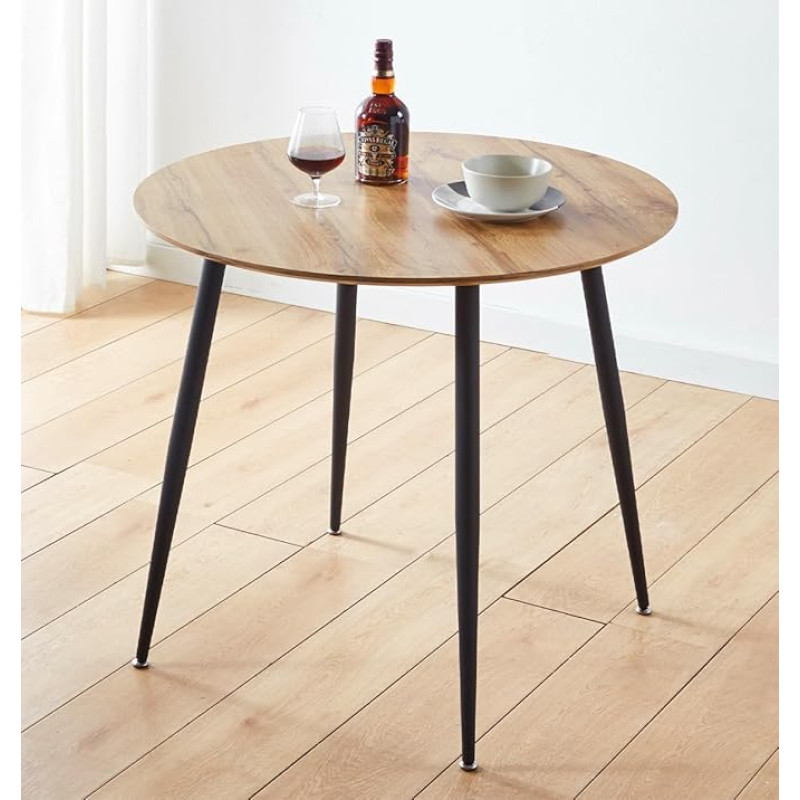 Hallowood Furniture Cullompton Small Dining Table with Oak Effect Table Top and Black Metal Legs Round Table for 2-4 Seater Dining Room Cafe Kitchen Furniture (90cm)