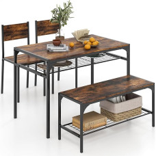 RELAX4LIFE Dining Table Set 4-Piece Dining Room Table with 2 Chairs Bench, Seating Set with 2 Storage Shelves, Bar Table with Metal Frame, Industrial Design, Dining Room Set for Kitchen, Dining Room