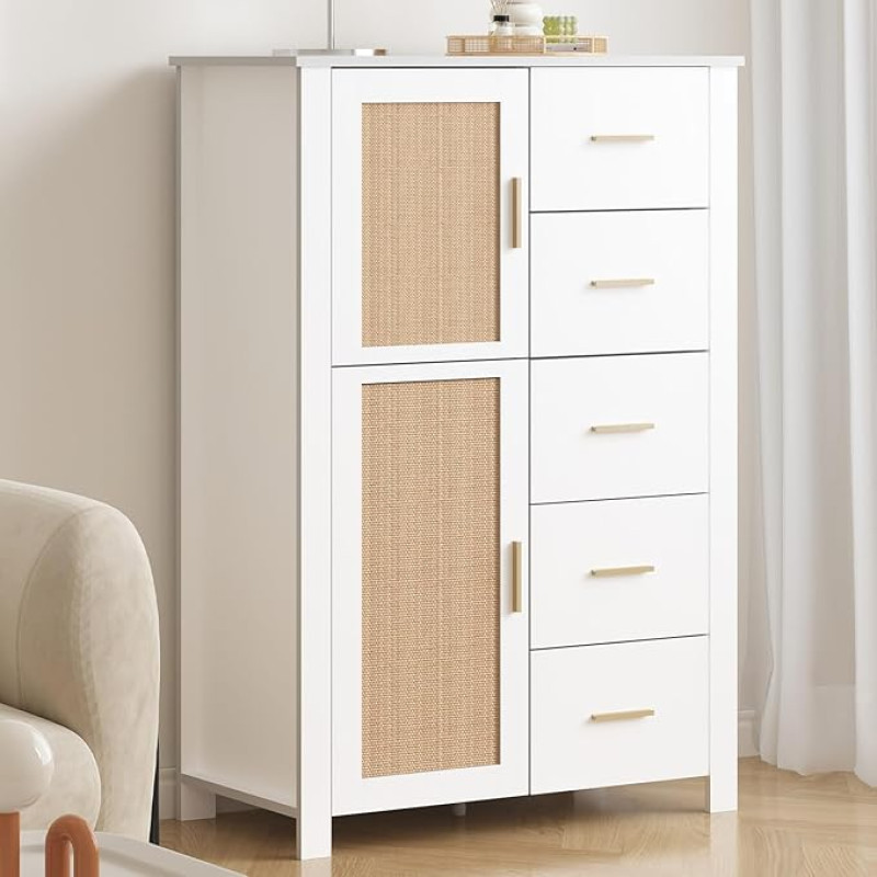 IBF 5 Drawers Chest of Drawers White Rattan and Wood Modern Farmhouse Chest of Drawers with Drawers and Tilt Protection for Bedroom Hallway Sideboard White 116 cm