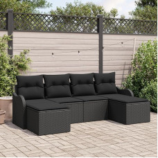 Rantry 6-teiliges Garten Sofa Set mit Kissen Schwarzes Poly Rattan, 2-Sitzer Garten Sofa mit Stauraum & Kissen Schwarzes Poly Rattan Gartenlounge Model3354482