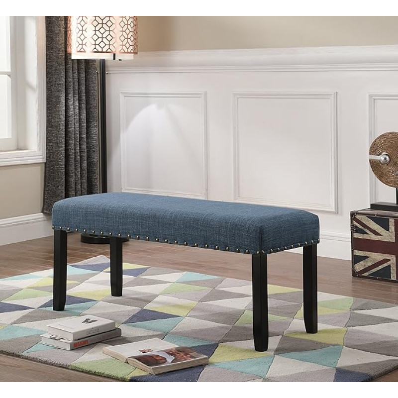 Roundhill Furniture Biony Fabric Dining Bench with Nail Head, Blue