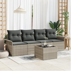Rantry 5-teiliges Garten Sofa Set mit Kissen Hellgrau Poly Rattan, 2-Sitzer Garten Sofa mit Stauraum & Kissen Hellgrau Poly Rattan Gartenlounge Model3353901