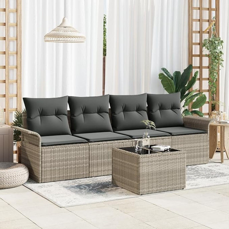 Rantry 5-teiliges Garten Sofa Set mit Kissen Hellgrau Poly Rattan, 2-Sitzer Garten Sofa mit Stauraum & Kissen Hellgrau Poly Rattan Gartenlounge Model3353901
