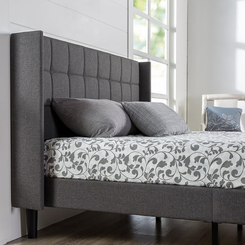 Zinus Upholstered Square Stitched Wingback Platform Bed King