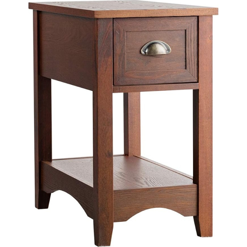 COSTWAY Side Table with Drawer and Shelf, 2-Tier Sofa Table, Narrow Bedside Table, Coffee Table for Living Room, Bedroom, 56 x 33 x 58.5 cm (Red Brown)