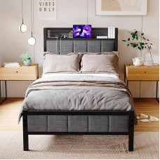 ARFARLY Bed 90 x 200 cm with Metal Slatted Frame, Bed Frame 90 x 200 cm, Youth Bed 90 x 200 cm with Headboard and Charging Station, Modern Metal Bed, Single Bed