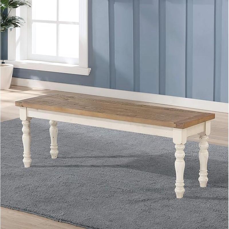 Roundhill Furniture Prato Wooden Bench, Upholstered Bench, Two-Tone, Antique White and Distressed Oak