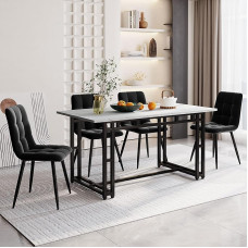 Moimhear Dining Table with 4 Chairs Set, Modern Kitchen Dining Room Set, Velvet Chairs, Black Iron Leg Table, 140 x 80 cm