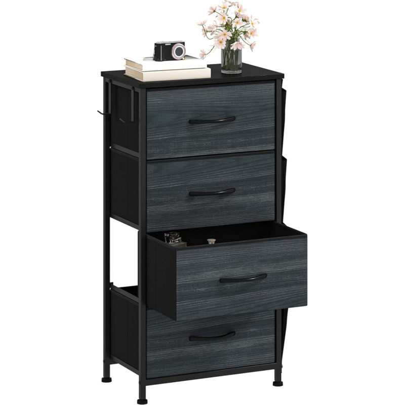 DWVO Chest of Drawers with 4 Drawers, Durable Cabinet with Hooks & Side Pockets, Fabric Drawers with Handles, Robust Metal Frame, Wood Grain Anthracite Black