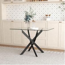 GOLDFAN Dining Table Glass Kitchen Table Glass Table Living Room Table with Black Legs Modern Style Rectangular Table for Office Kitchen 110 cm