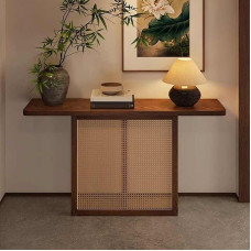 Narrow Farmhouse Entrance Table 160cm Rattan Console for Living Room Brown Long Sofa Table Rustic Hallway Furniture Slim Design for Small Spaces