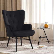Furnimart Mid-Century Modern Black Velvet Living Room Chair, Comfortable Armchair, Leisure Dressing Table, Guests, Wing Back Chair for Office, Study, Vanity, Bedroom,
