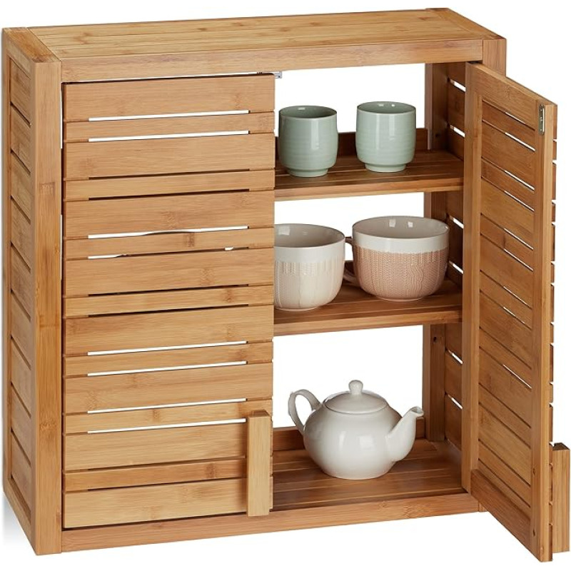Relaxdays Bamboo Wall Shelf, 2 Doors, Adjustable Liner Base, Square Hanging Wall, HWD 56.5x56x21cm, Natural