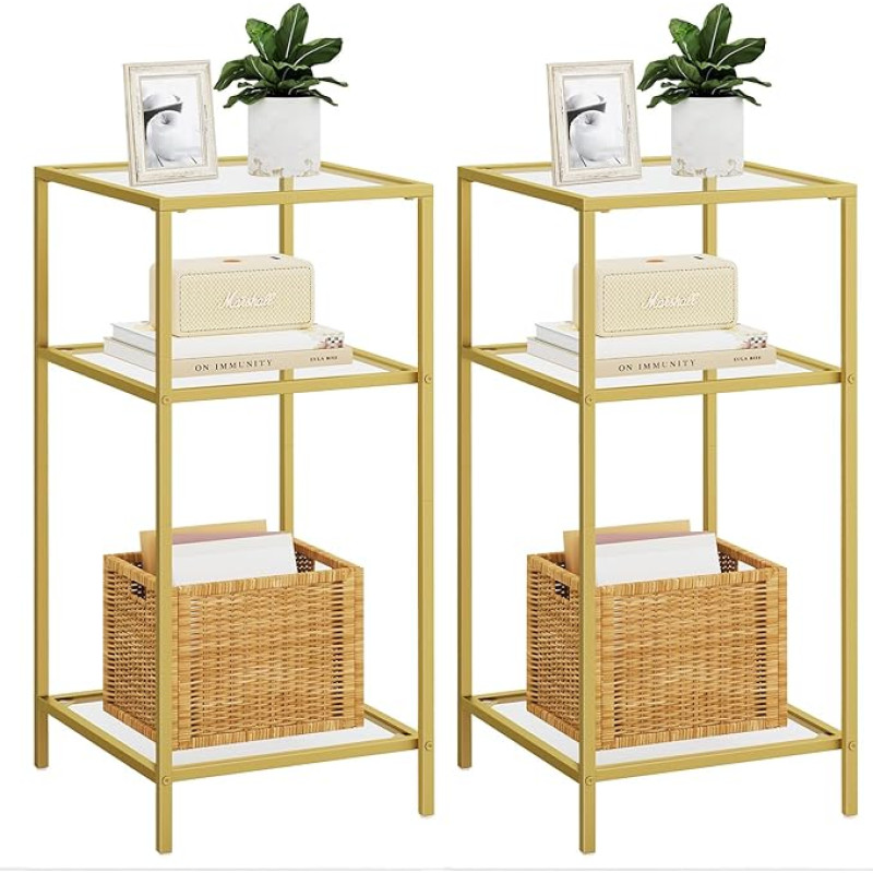 Homhedy 3 Tier Side Table, Set of 2 Tempered Glass Side Tables, Bedside Tables with Storage Shelves, Narrow Sofa Table for Living Room, Bedroom (2, Golden)