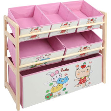 Nursery Storage Shelf, Pink Cartoon Multi-layer Design, High-Quality Pine Material Toy Storage with Six Boxes for Kids