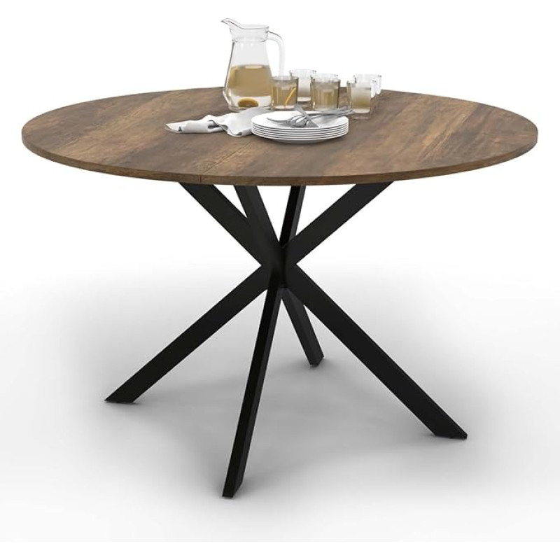 IDMarket - Alix 6 Seater Round Dining Table with Black Spider Base and Dark Wood Top 110cm