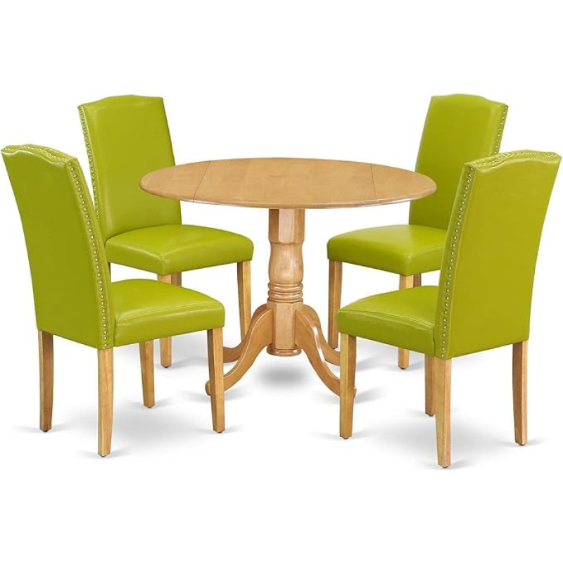 East West Furniture DLEN5-OAK-51 Dublin 5-teiliges modernes Esszimmer-Set, bestehend aus einem runden Holztisch mit Dropleaf und 4 gepolsterten Stühlen aus Kunstleder, 106 x 107 cm, Eiche