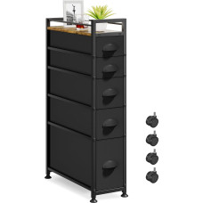 VASZOLA 5 Drawer Narrow Dresser Slim Cabinet Skinny Storage Tower Chest, Ideal for Small Spaces Bathroom Bedroom, Between Washer and Dryer, Lightweight Mobile on Wheels, Sturdy Fabric Drawers, Black