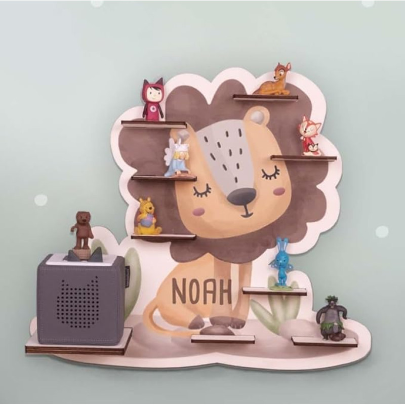 hellomini Personalised Tonie Shelf Boys - Toniebox Shelf with Name of Choice for Children's Room - Shelf Boys - Toniebox Storage - Tonies Accessories (Lion Print)
