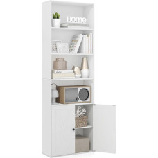 KOMFOTTEU Wooden Bookcase with Door Cabinet, Tall Cabinet with 6 Open Shelves, Filing Shelf, Bookcase with Removable Board, Standing Shelf, 60 x 24 x 180 cm, White
