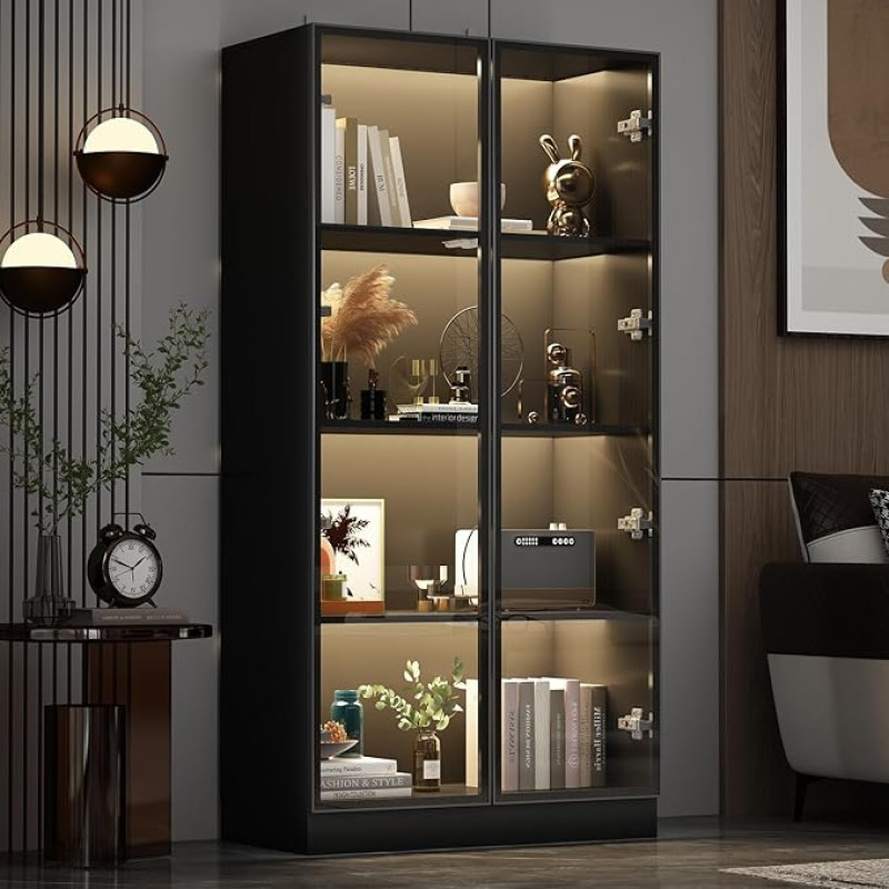 DEZAGCE Glass Display Cabinet with Lighting, Glass Display Cabinet in Black, Collector's Display Cabinet, Multifunctional Glass Cabinet Standing with 4-Level Shelves, Living Room Cabinet 40 x 160 x 80