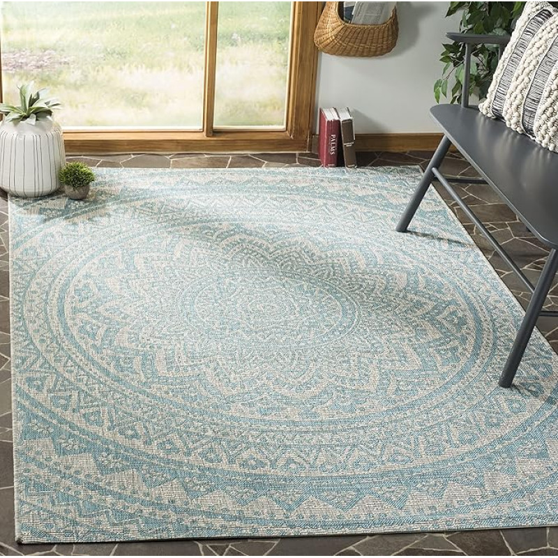 SAFAVIEH Courtyard Collection Contemporary Area Rugs for Living Room Dining Room Bedroom Short Pile Light Grey and Aqua 122 x 170 cm